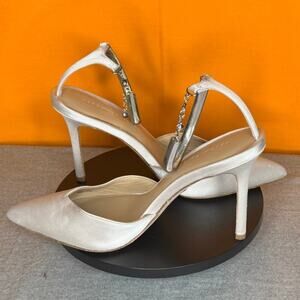 Veronica Beard Lisa White Satin Chain‎ link Ankle Stiletto Pointed Toe Heel 7.5